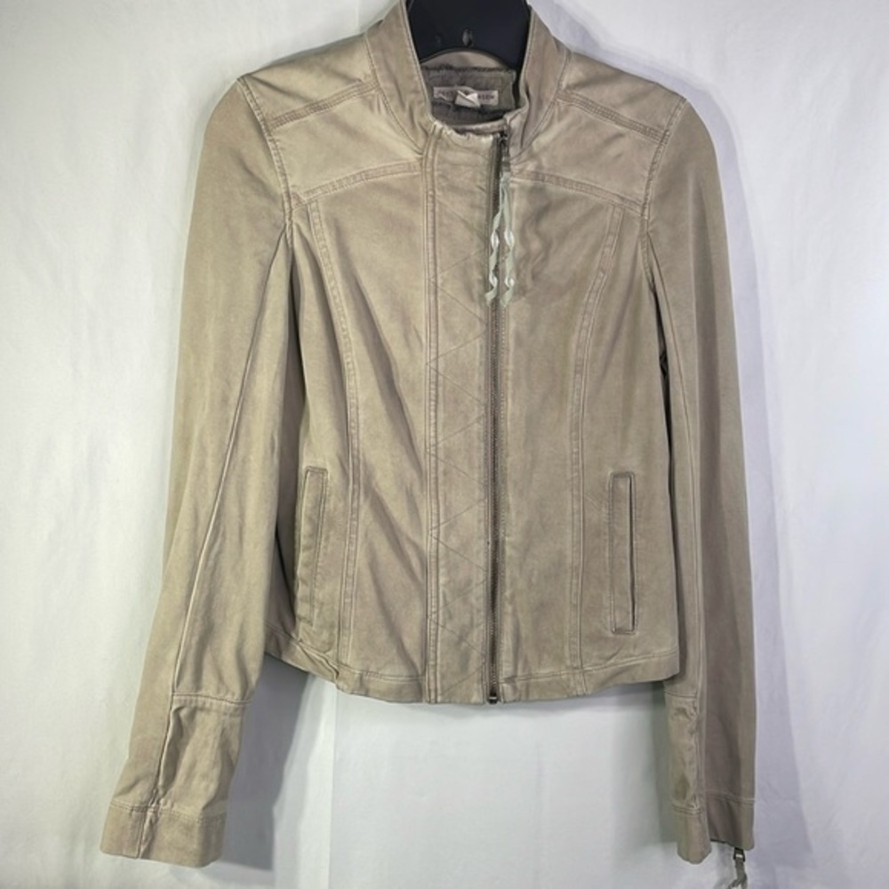 Peyton Jensen tan knit Moto jacket